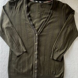 Olive Green Ribbed Cotton Button up 3/4 Sleeve Top | Khaki Tone | V-Neck